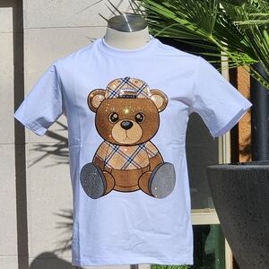Verselli Rhinestone Graphics Teddy Bear Men's White T-Shirt Various Size